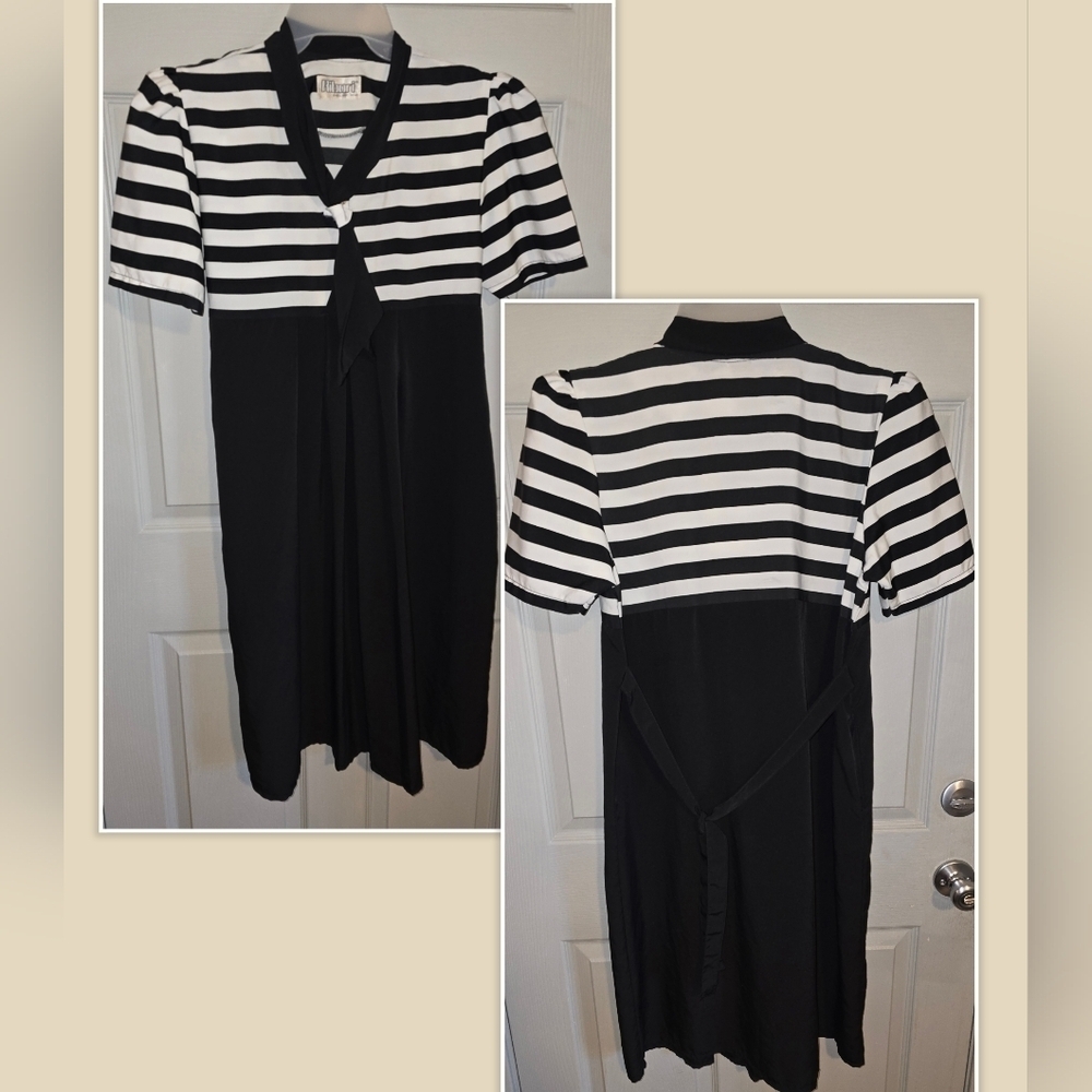 Vintage Ribori Black White Striped Tie Neck Midi Dress Costume Up to Women's L - Picture 2 of 10